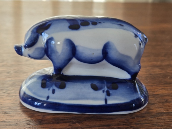 Set of 3 Gzhel Figurines Hand Painted Gilded Porcelain VTG Bunny Cat Rooster Pig - Picture 11 of 16